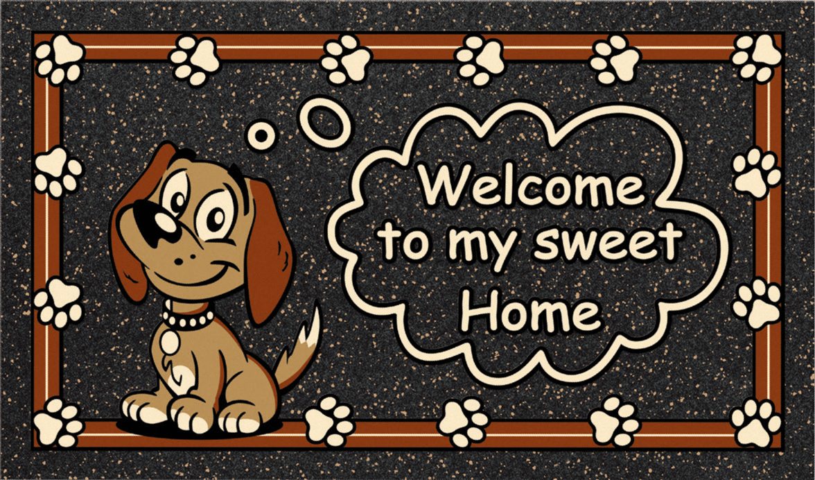 zerbino in poliammide e gomma riciclata con stampa colorata di un cagnolino e zampette e con scritta "Welcome to my sweet home"