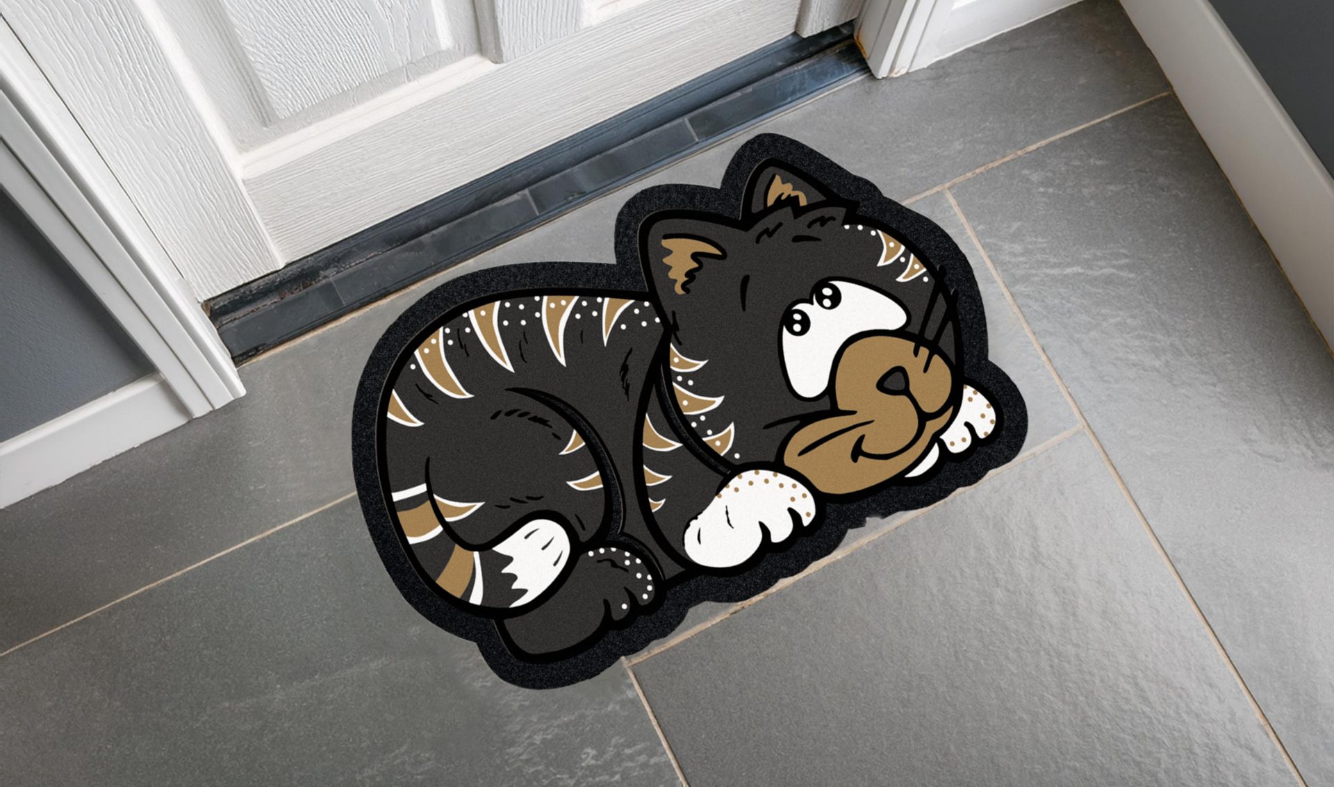 Zerbino a forma di gatto cartoon grigio beige e bianco