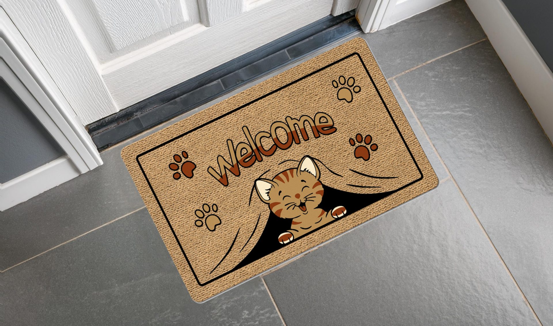 zerbino da ingresso con effetto simil cocco e stampa di un gattino e scritta "Welcome"